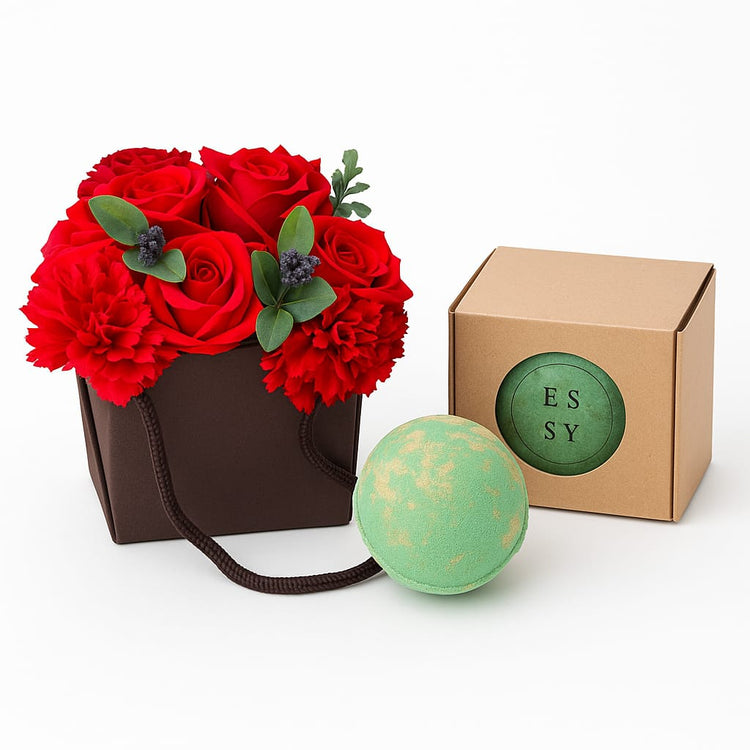 Set Cadou Buchet de Flori de Săpun - Trandafir Roșu și Garoafe&Bombe Spumante de Baie