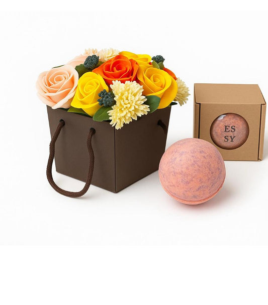 Set Cadou Buchet de Flori de Săpun de Primăvară &Bomba Spumanta de baie 180gr- Ciocolată și Portocală